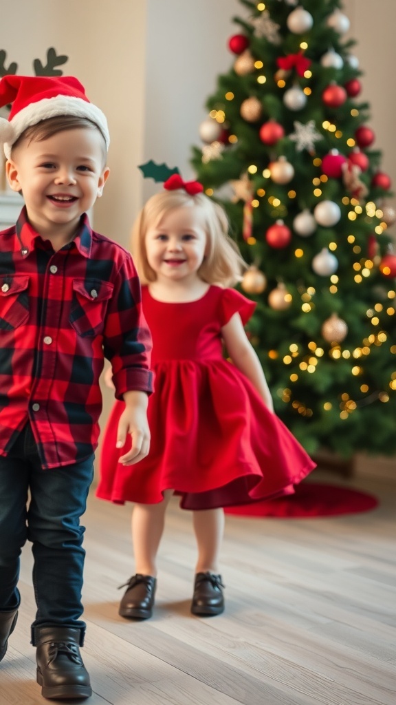Children in festive Christmas outfits, a boy in plaid and a girl in a velvet dress, with a decorated Christmas tree.